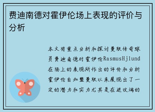 费迪南德对霍伊伦场上表现的评价与分析