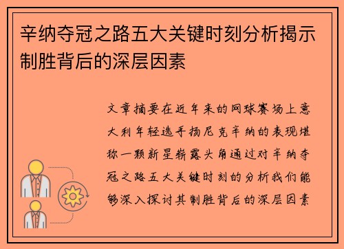 辛纳夺冠之路五大关键时刻分析揭示制胜背后的深层因素 辛纳夺冠之路五大关键时刻分析揭示制胜背后的深层因素