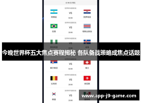 今晚世界杯五大焦点赛程揭秘 各队备战策略成焦点话题
