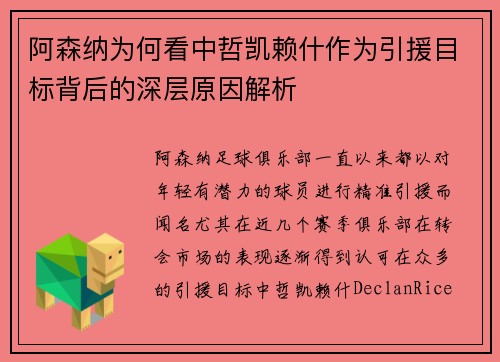 阿森纳为何看中哲凯赖什作为引援目标背后的深层原因解析
