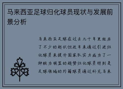 马来西亚足球归化球员现状与发展前景分析