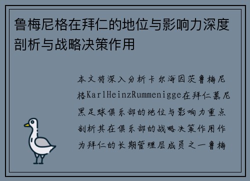 鲁梅尼格在拜仁的地位与影响力深度剖析与战略决策作用 鲁梅尼格在拜仁的地位与影响力深度剖析与战略决策作用